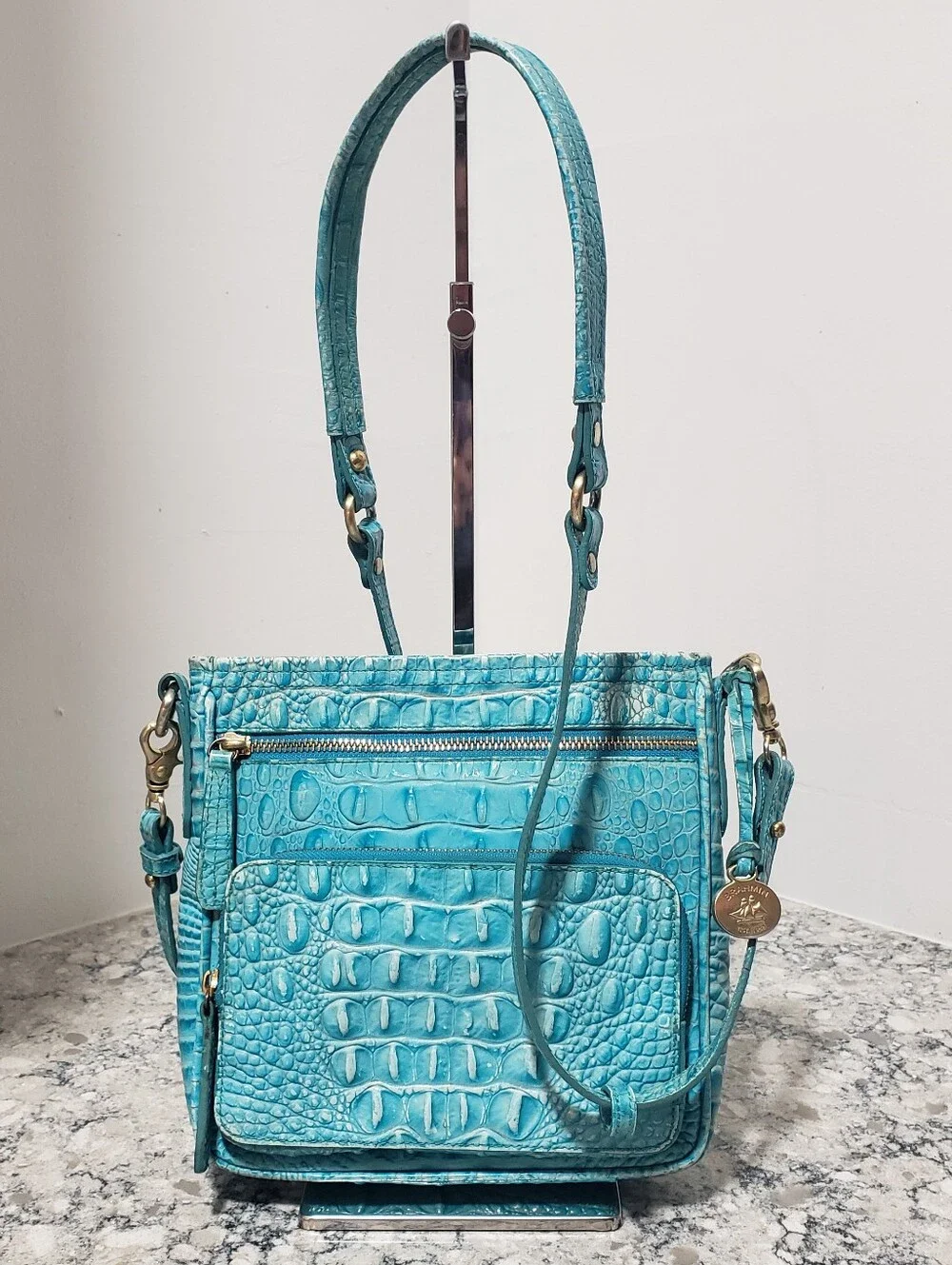 Brahmin Cleo Capri Turquoise Blue Leather Crossbody Bag